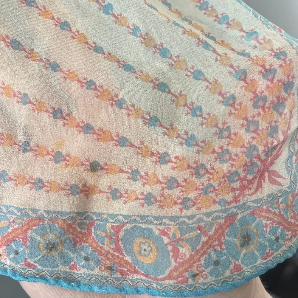 Vintage Square Silk Feel Scarf Sheer Blue Orange Floral Print Lightweight